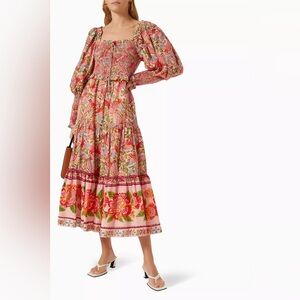 FARM RIO ANTHROPOLOGIE PINK MACAW FLIGHT SMOCKED MIDI DRESS